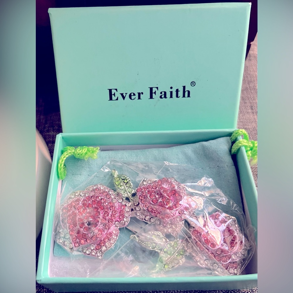 EVER FAITH Austrian Crystal NIB Enamel Romantic Blooming Rose Flower Leaves. - Picture 3 of 7